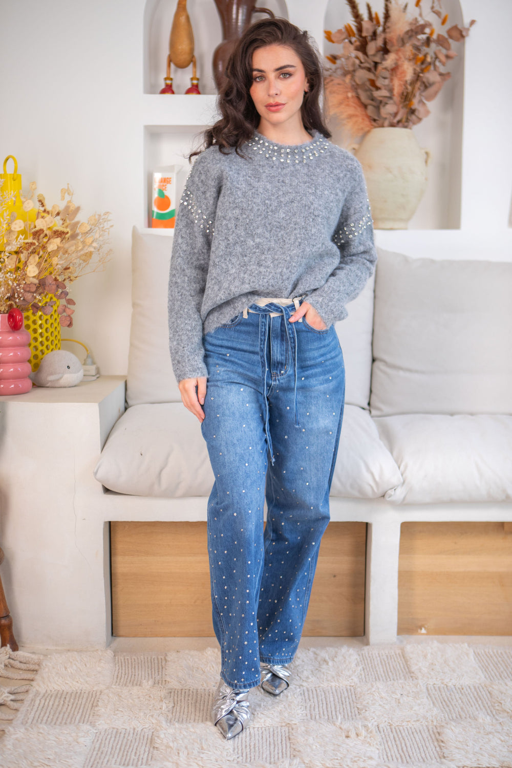 Pull col rond en maille perlé Pepita Taille unique / Gris