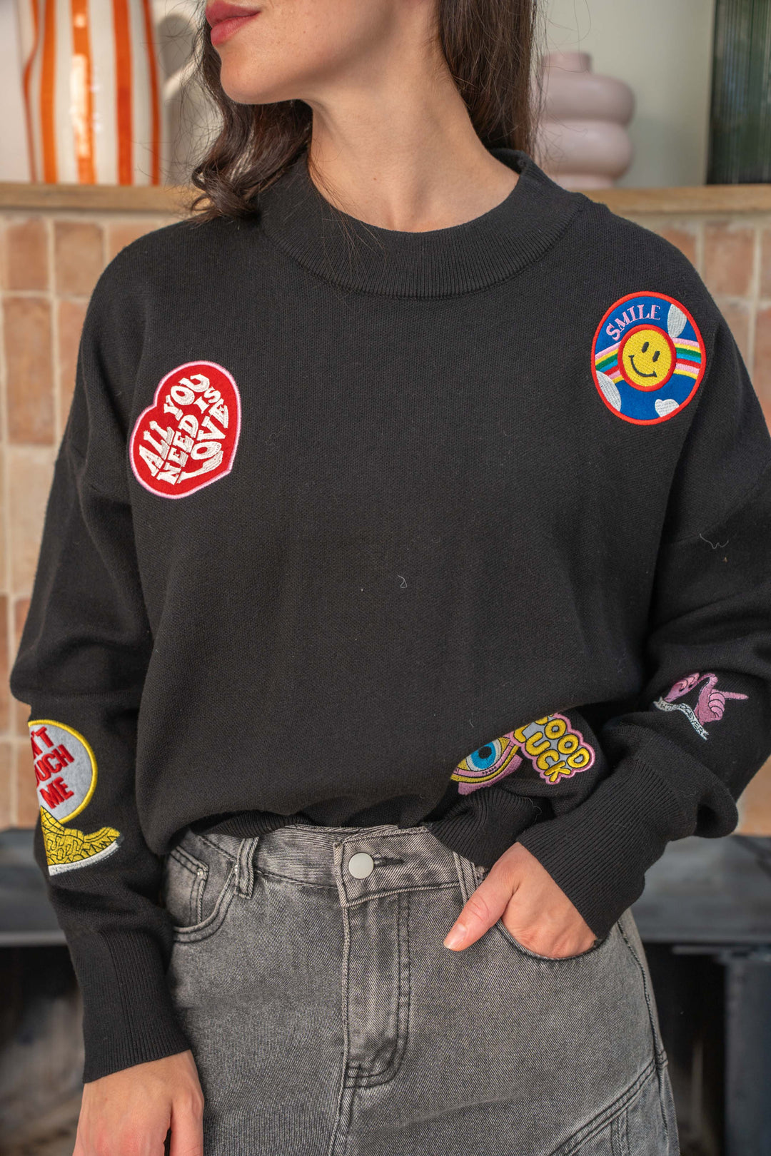 Pull Col Rond Patch Roxy Unique / Noir pulls