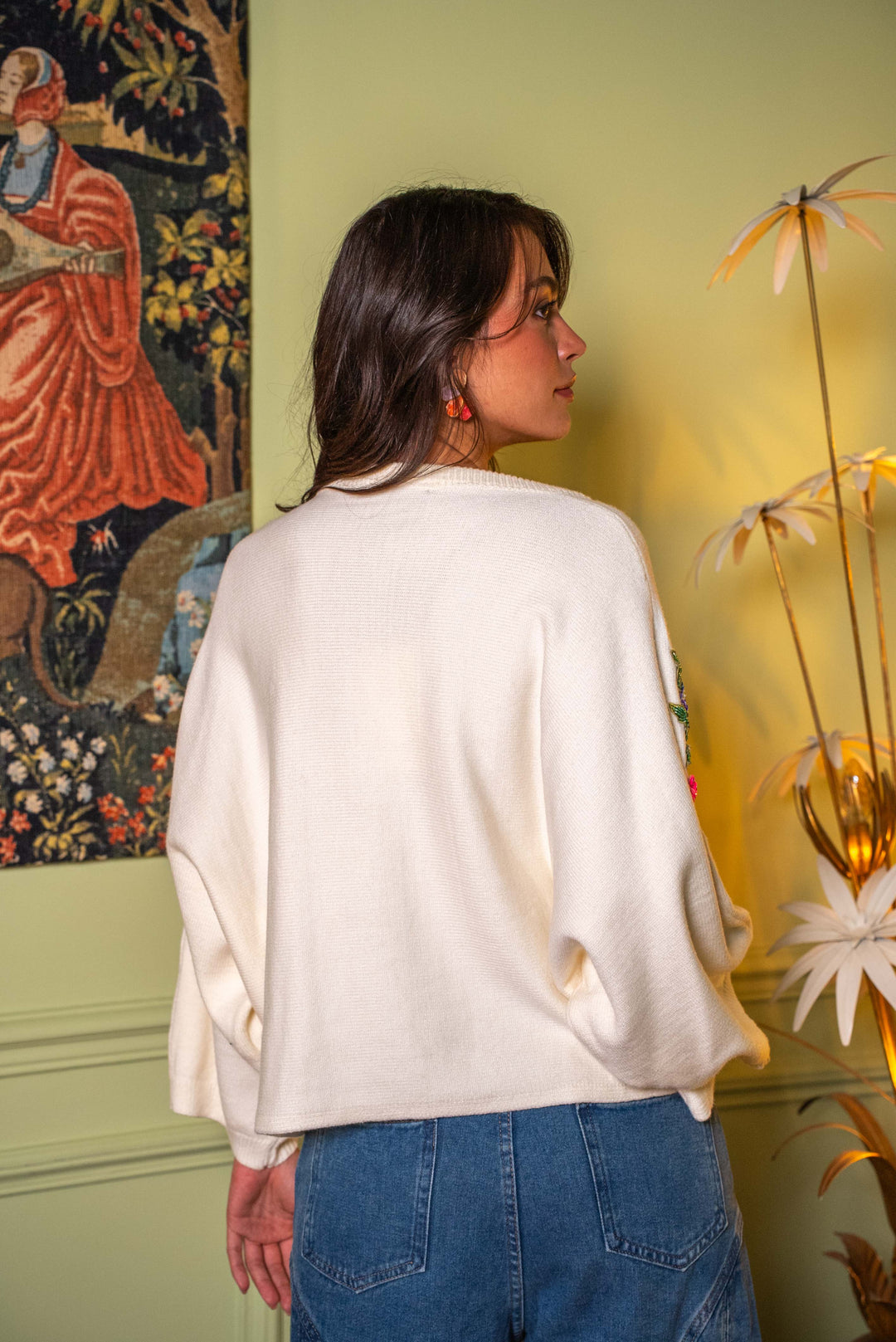 Pull col V broderies florales Rana Taille unique / Ecru