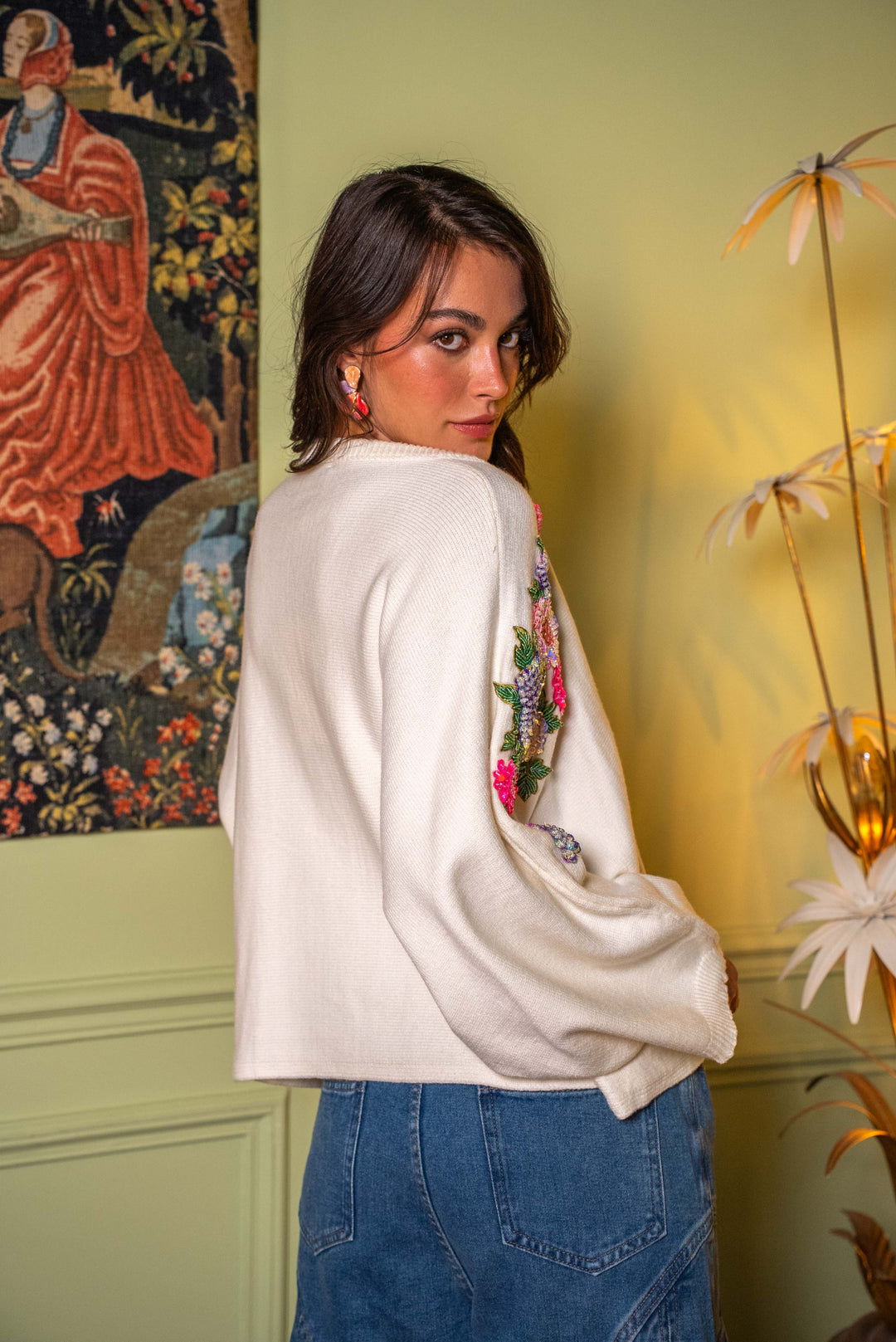 Pull col V broderies florales Rana Taille unique / Ecru