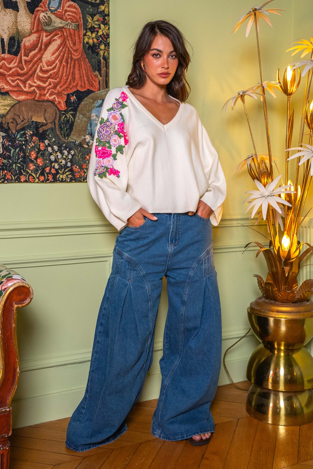 Pull col V broderies florales Rana Taille unique / Ecru