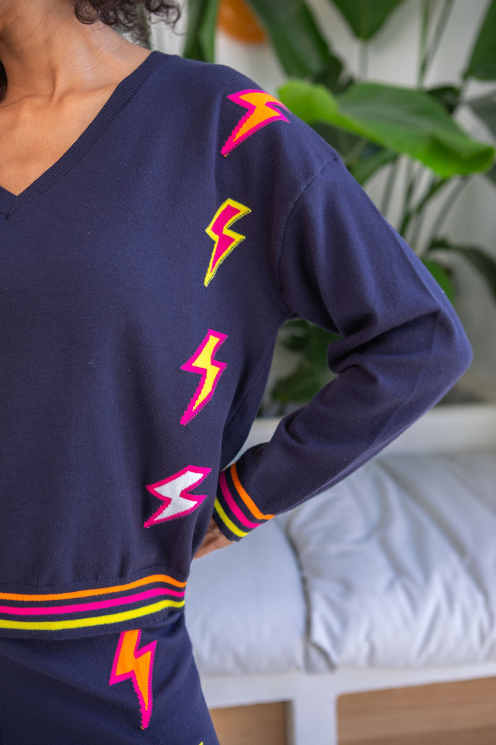 Pull col v éclairs Flash Taille unique / Marine pulls