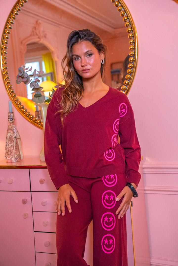 Pull col v smileys Joy Taille unique / Bordeaux pulls