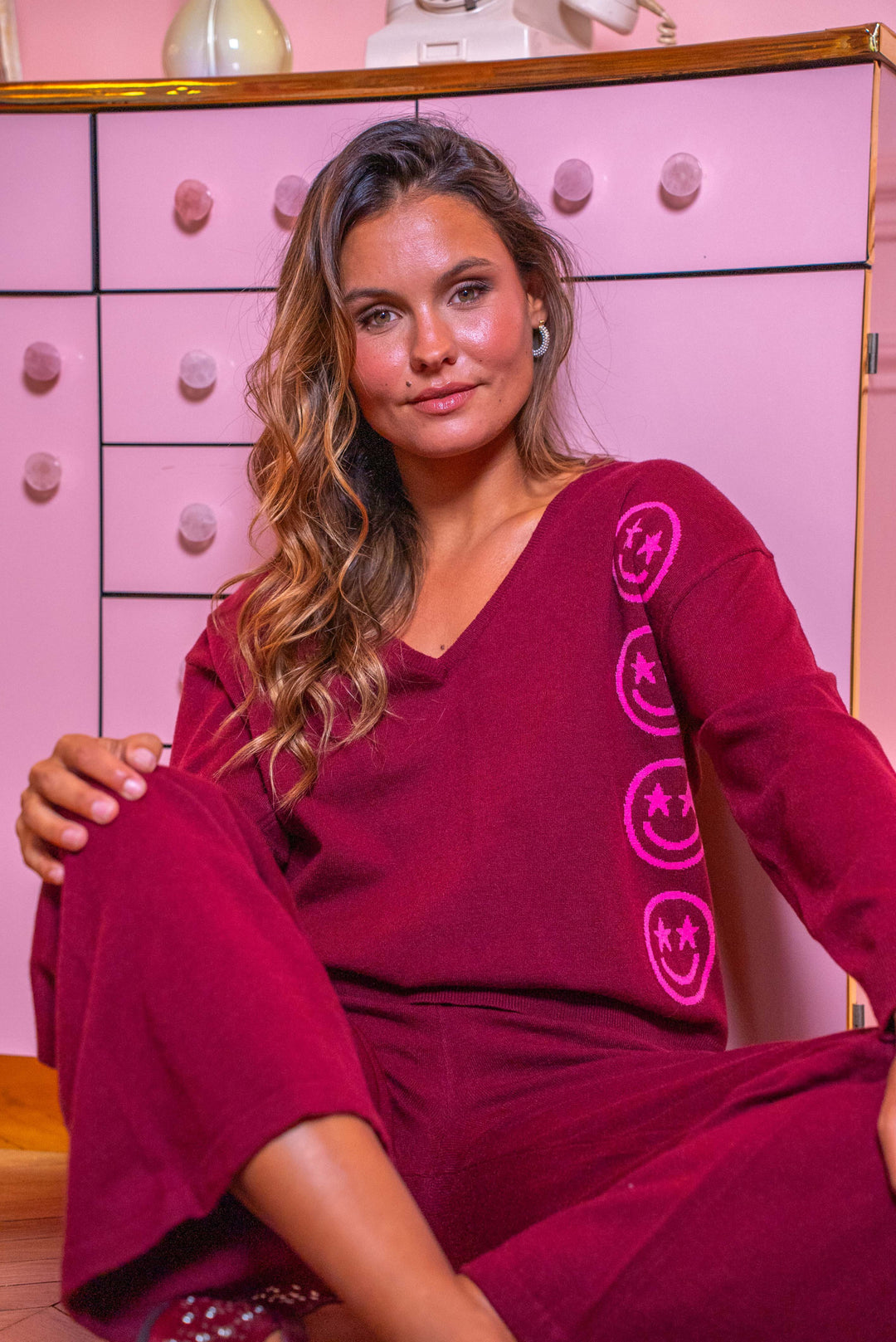 Pull col v smileys Joy Taille unique / Bordeaux pulls