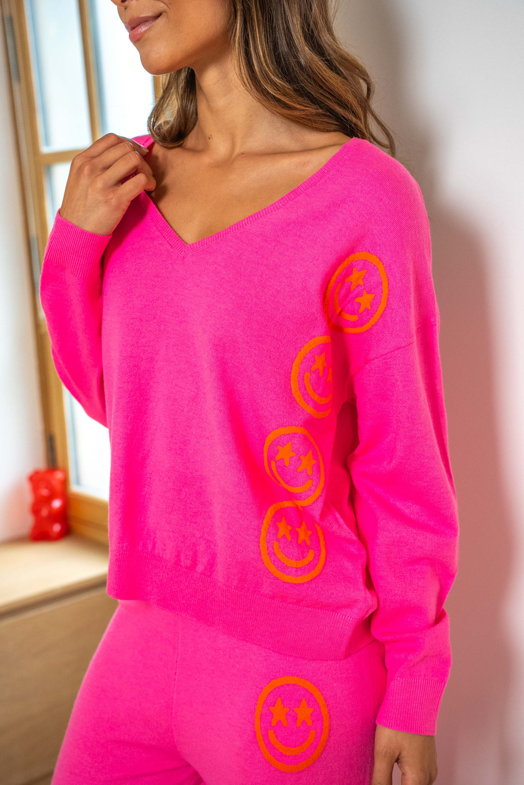 Pull col v smileys Joy Taille unique / Rose pulls