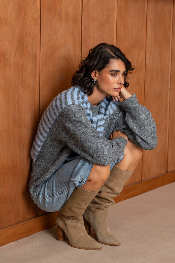 Pull en maille avec étole rayée assortie Ilona 2695