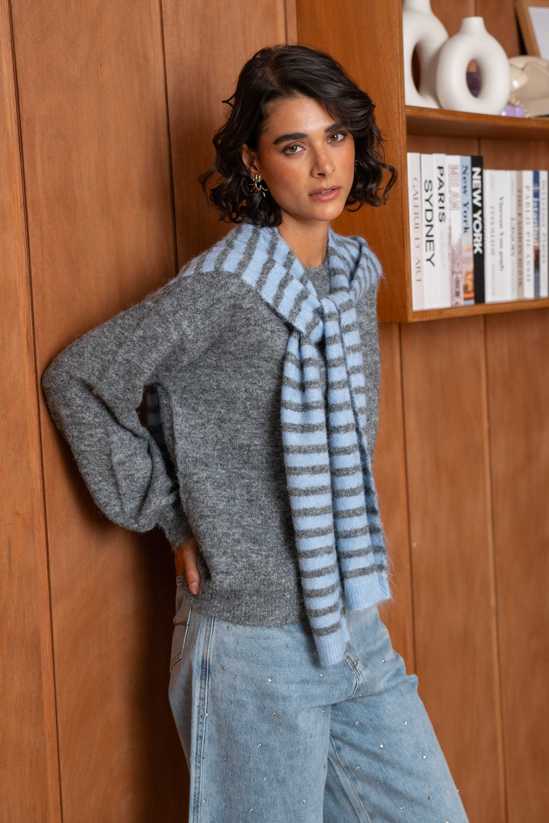 Pull en maille avec étole rayée assortie Ilona 2695
