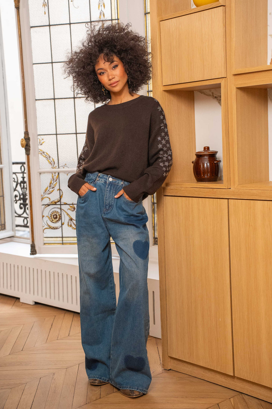 Pull en maille étoiles strass Poppy Taille unique / Coffee