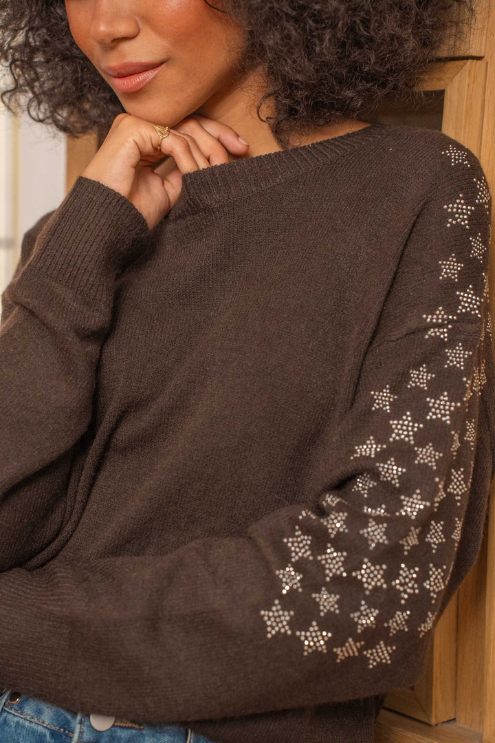 Pull en maille étoiles strass Poppy Taille unique / Coffee