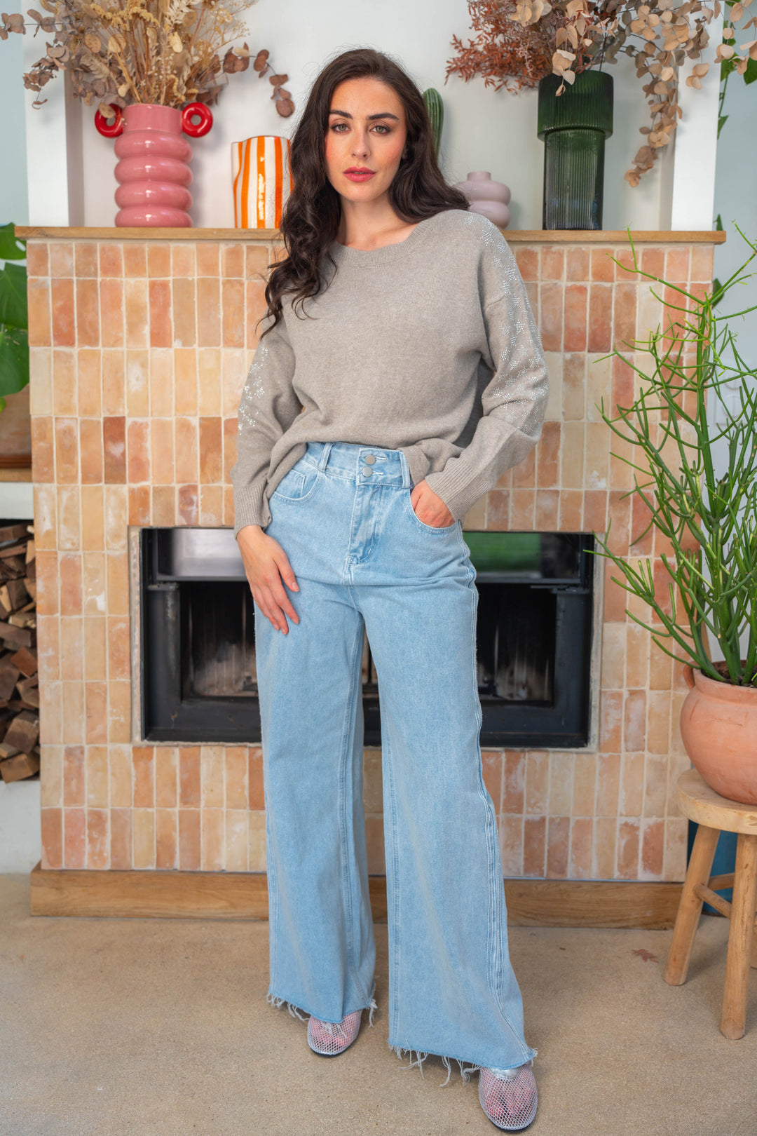 Pull en maille étoiles strass Poppy Taille unique / Taupe