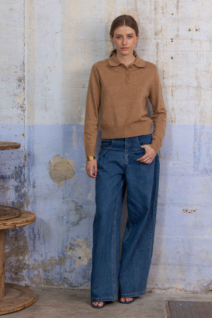 Pull en maille fine à col polo Cleo 26003 - Taille unique: