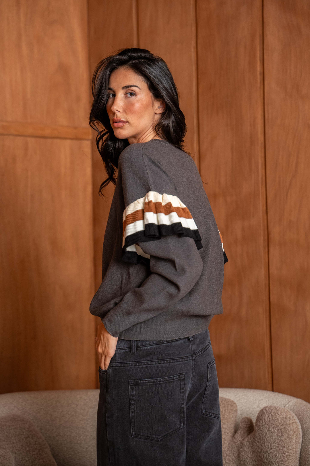 Pull Maille Volants Rayé Manon 26020 - Gris / Taille