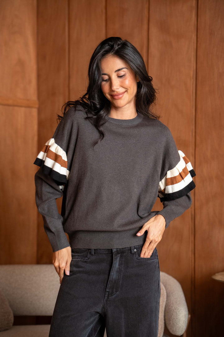 Pull Maille Volants Rayé Manon 26020 - Gris / Taille