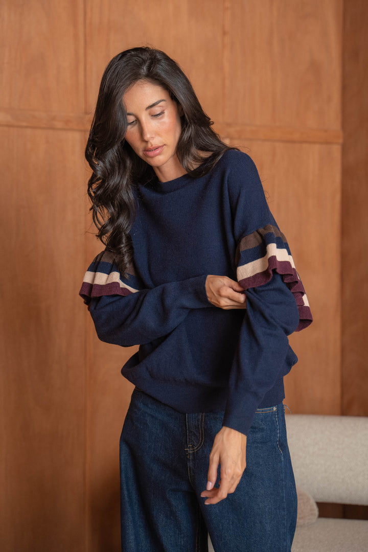 Pull Maille Volants Rayé Manon 26020 - Marine / Taille