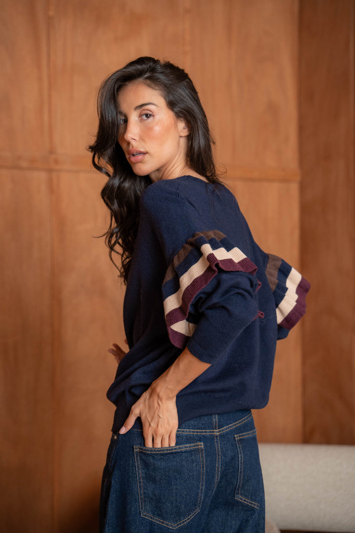 Pull Maille Volants Rayé Manon 26020 - Marine / Taille