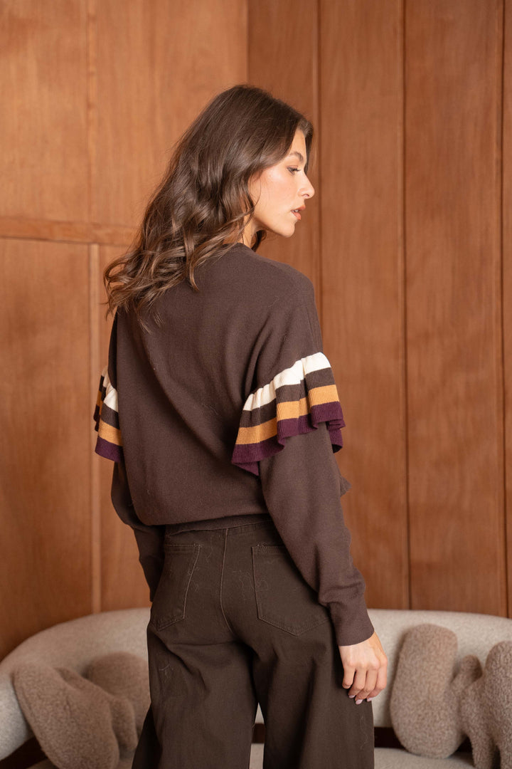 Pull Maille Volants Rayé Manon 26020 - Marron / Taille