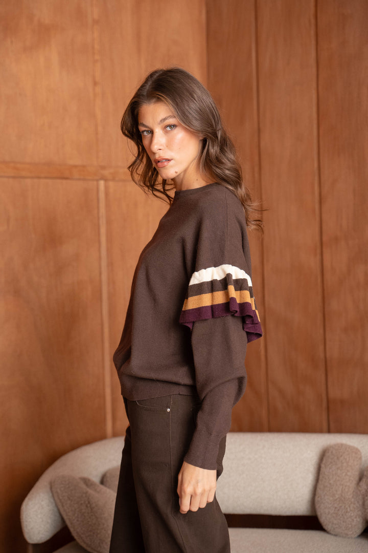 Pull Maille Volants Rayé Manon 26020 - Marron / Taille