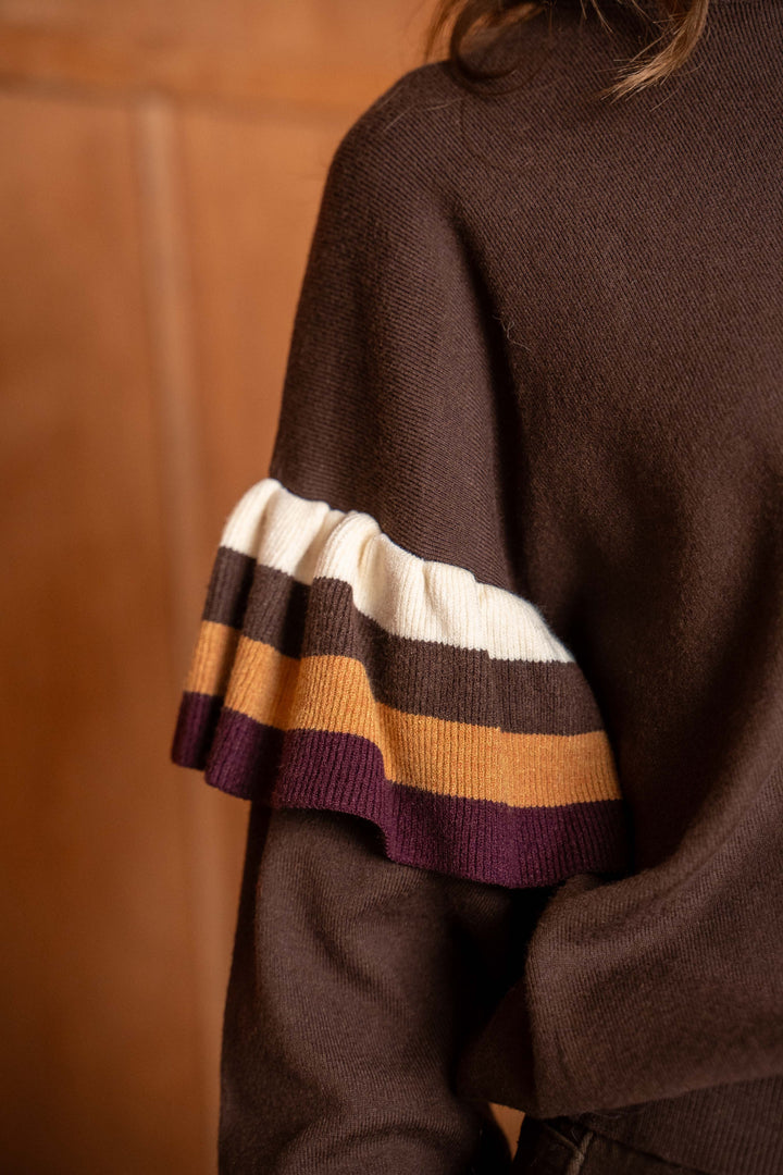 Pull Maille Volants Rayé Manon 26020 - Marron / Taille