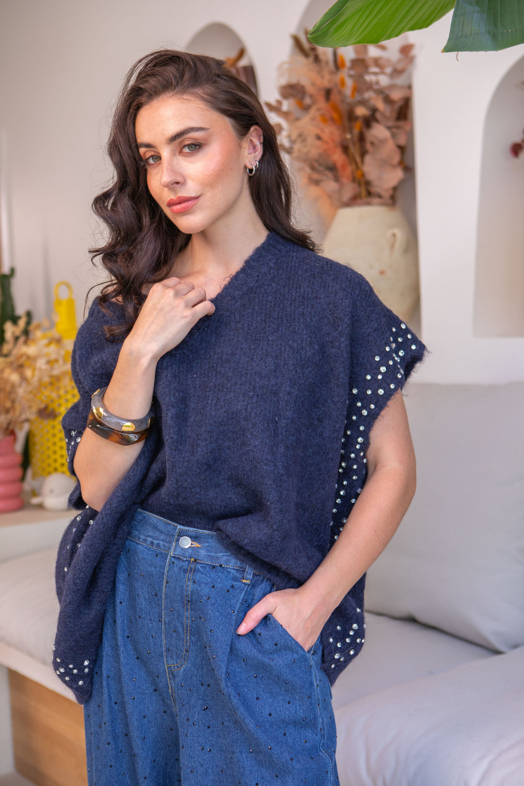 Pull manches courtes perlé Poline Taille unique / Bleu