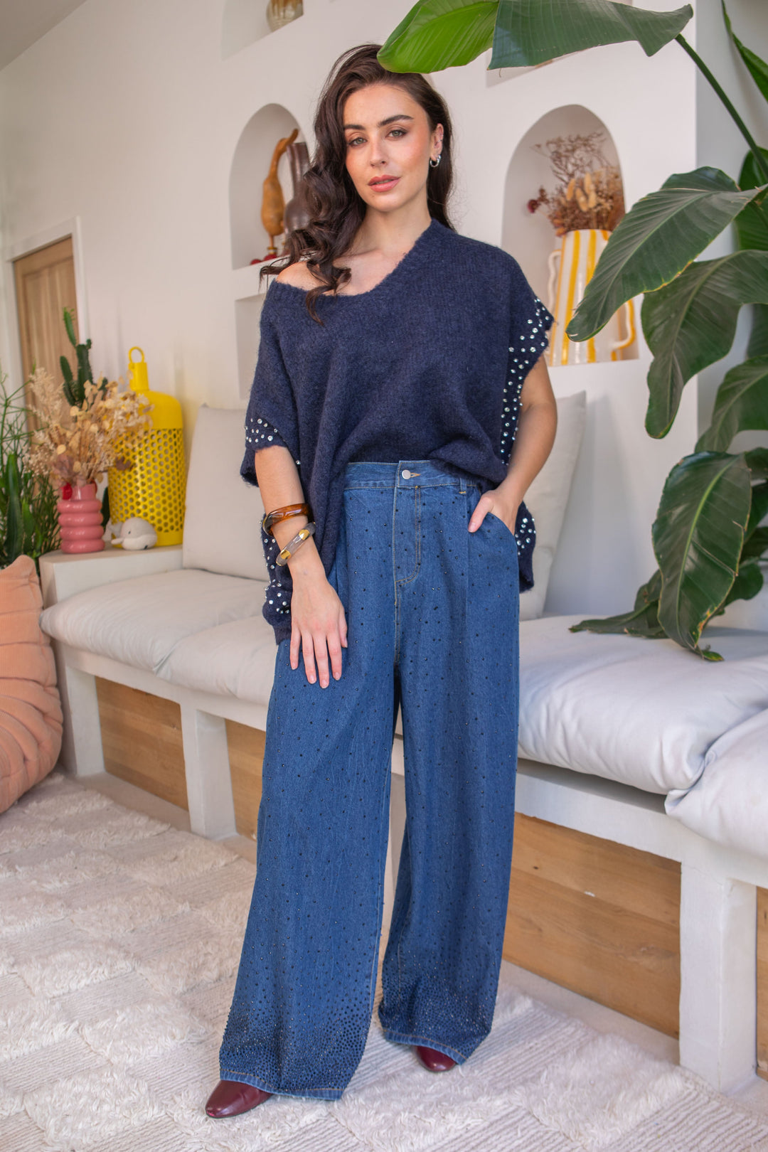 Pull manches courtes perlé Poline Taille unique / Bleu