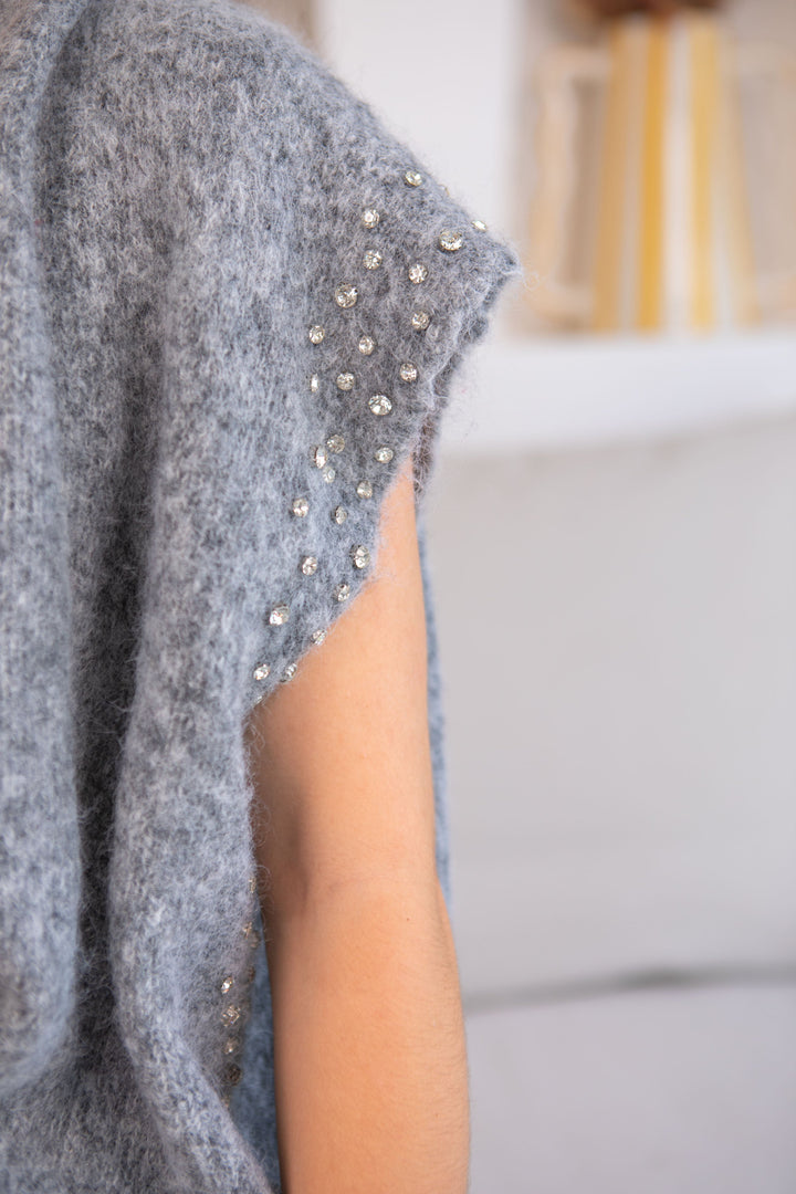 Pull manches courtes perlé Poline Taille unique / Gris