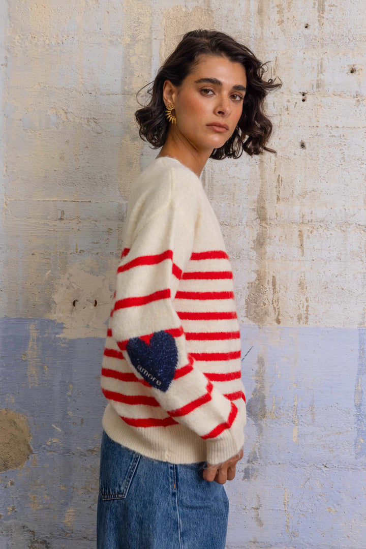 Pull marinière avec coudières cœur Paola 2696 - Taille