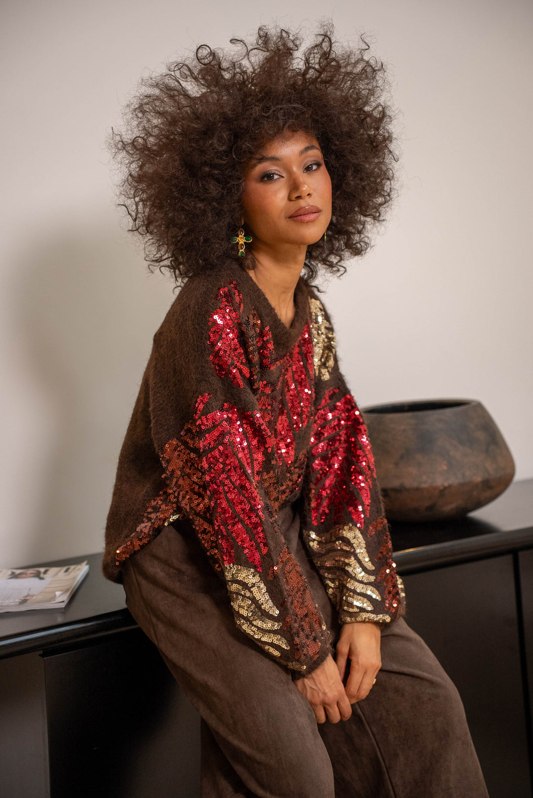 Pull oversize à sequins feuilles Phybie - Taille unique