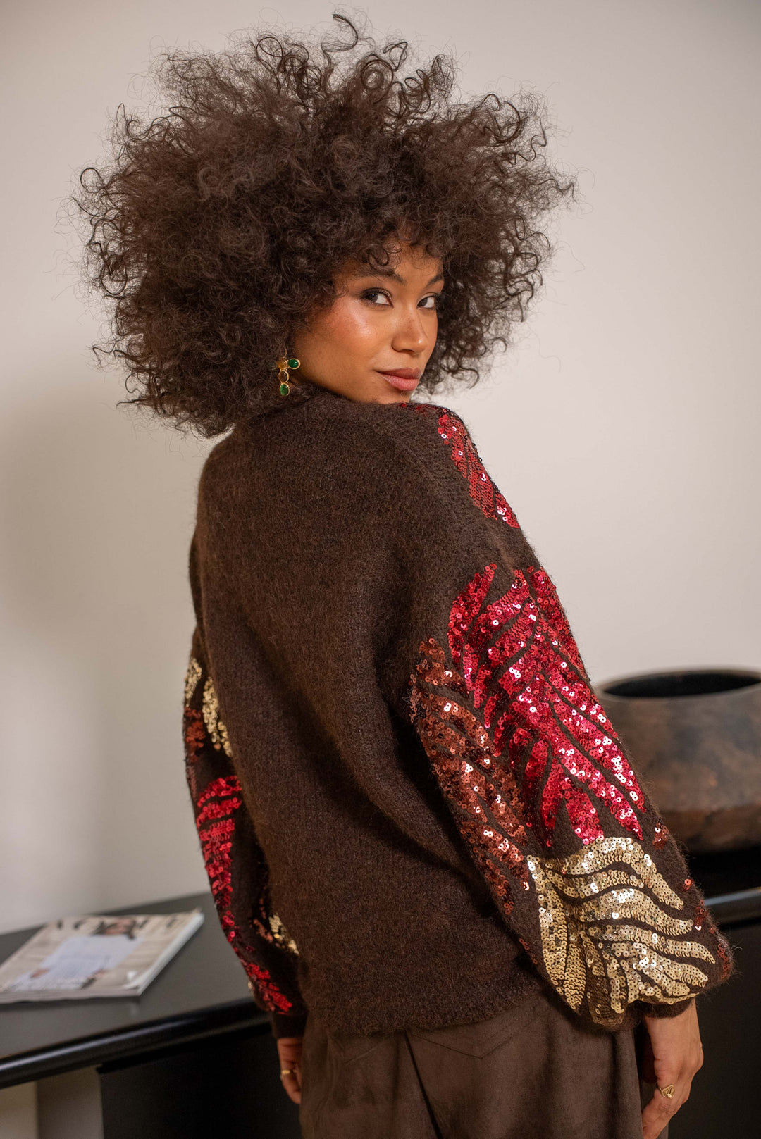 Pull oversize à sequins feuilles Phybie - Taille unique