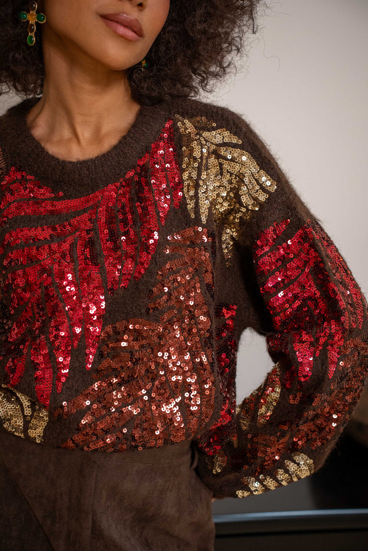 Pull oversize à sequins feuilles Phybie - Taille unique