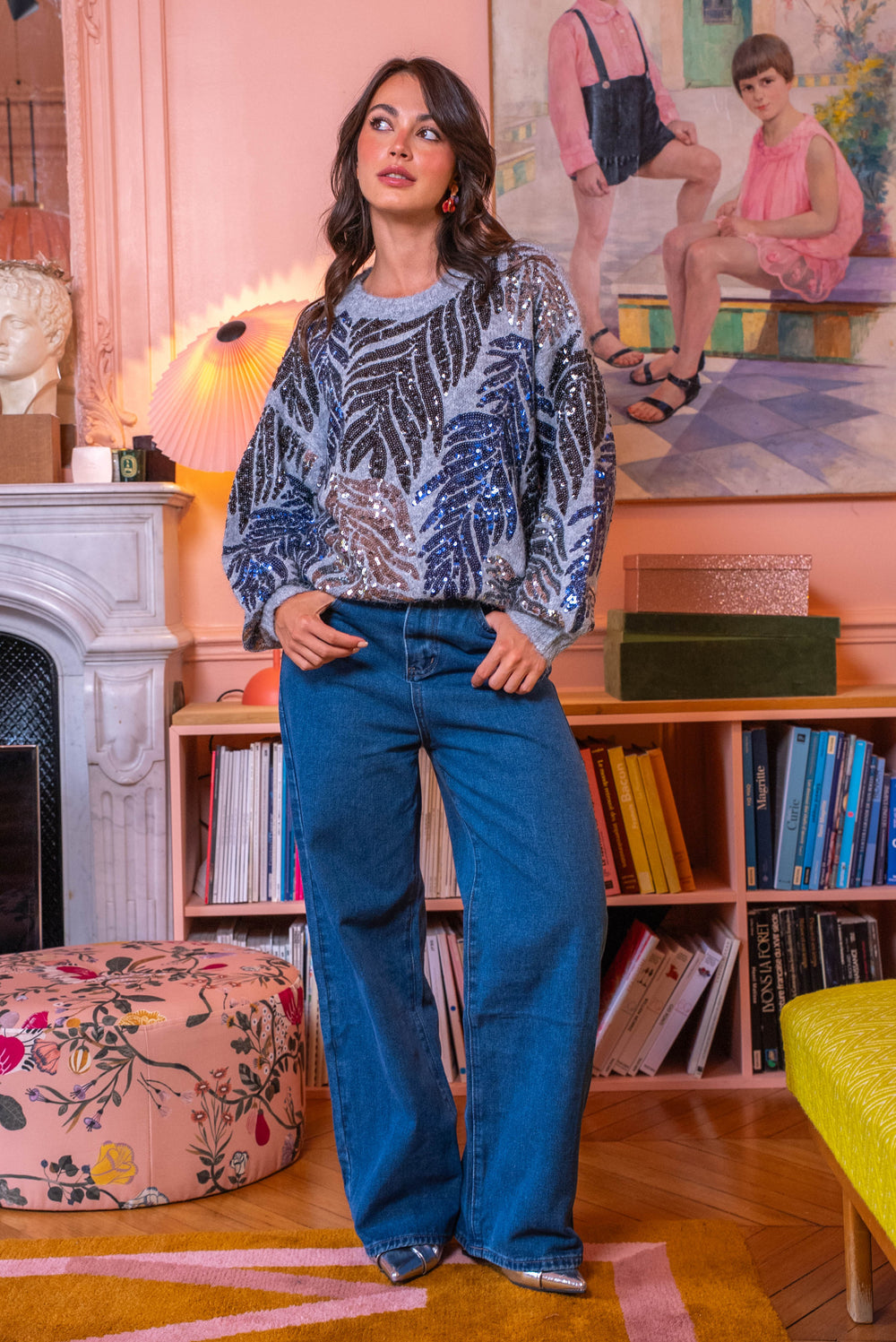 Pull oversize à sequins feuilles Phybie Taille unique