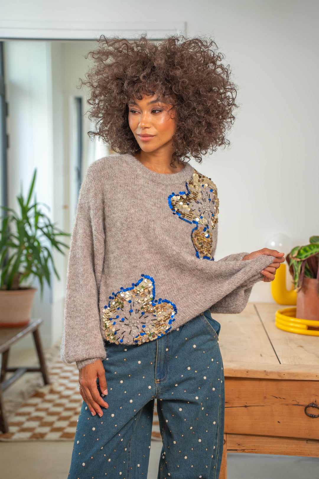 Pull oversize à sequins Gala Taille unique / Taupe pulls