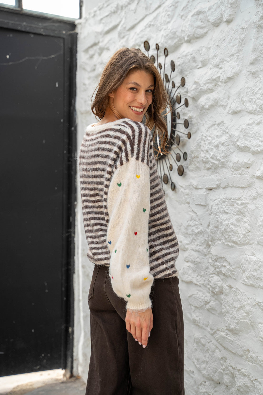 Pull Rayures Brodé Cœurs Funny - Beige / Taille unique: 36
