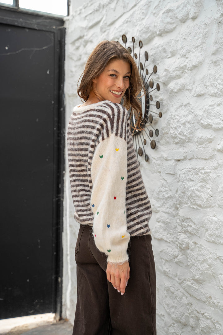 Pull Rayures Brodé Cœurs Funny - Beige / Taille unique: 36