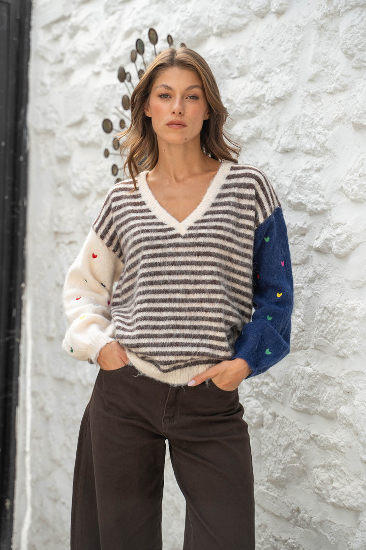 Pull Rayures Brodé Cœurs Funny - Beige / Taille unique: 36