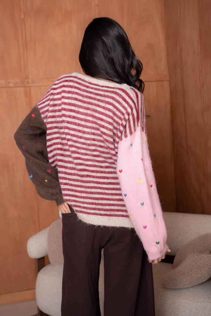 Pull Rayures Brodé Cœurs Funny - Bordeaux / Taille unique: