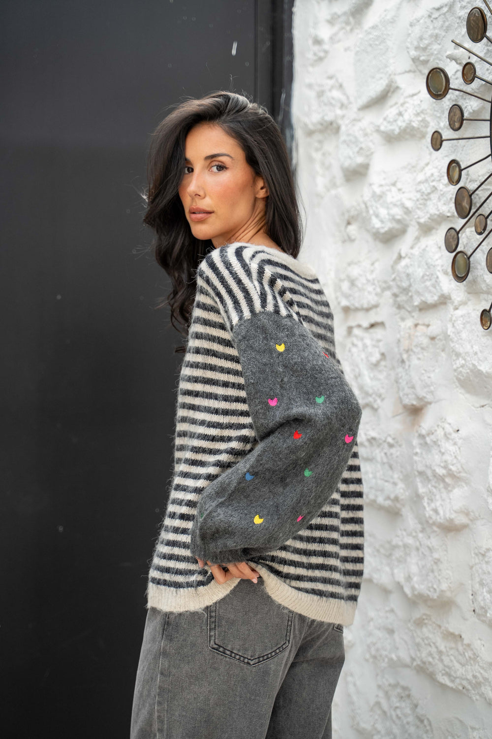 Pull Rayures Brodé Cœurs Funny - Gris / Taille unique: 36