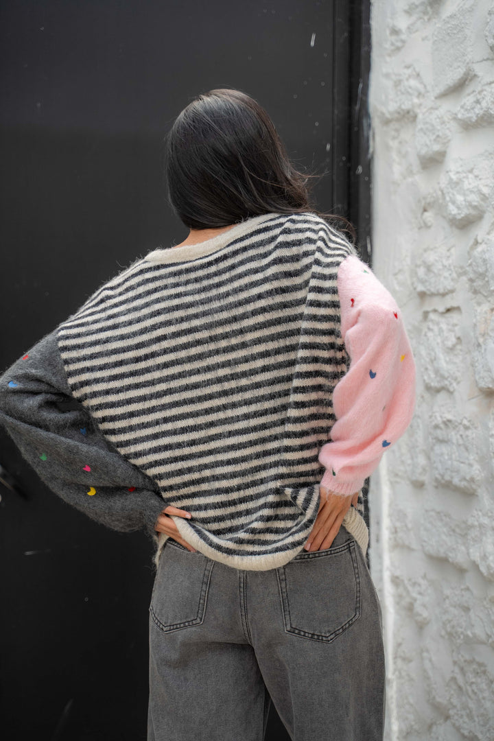 Pull Rayures Brodé Cœurs Funny - Gris / Taille unique: 36
