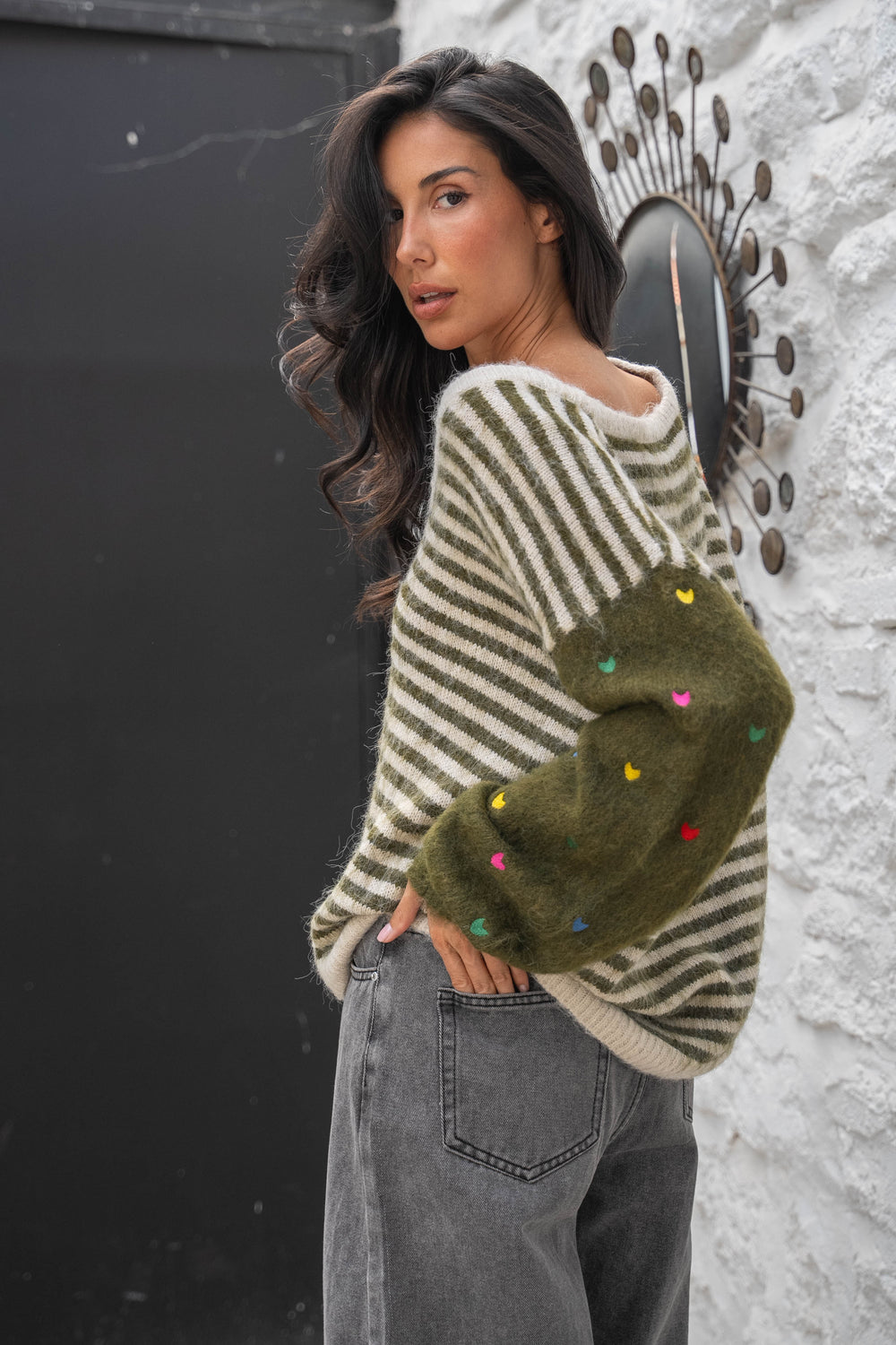 Pull Rayures Brodé Cœurs Funny - Kaki / Taille unique: 36
