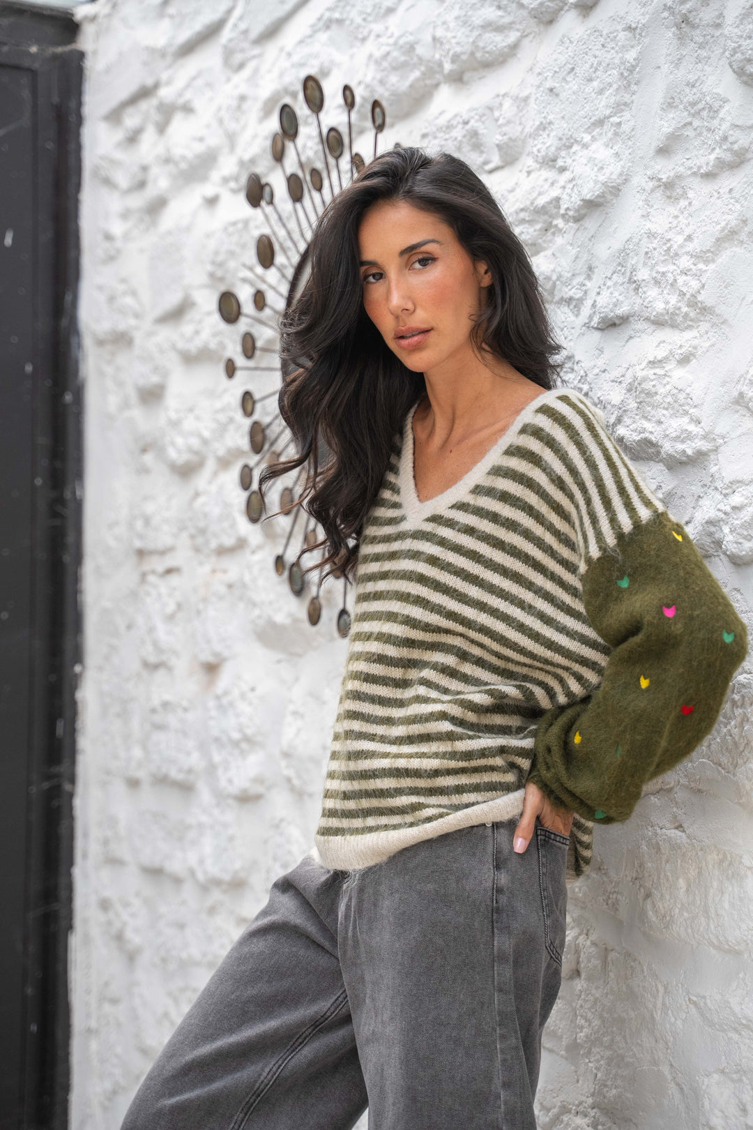 Pull Rayures Brodé Cœurs Funny - Kaki / Taille unique: 36