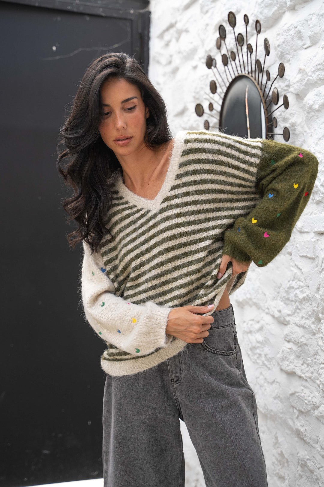 Pull Rayures Brodé Cœurs Funny - Kaki / Taille unique: 36