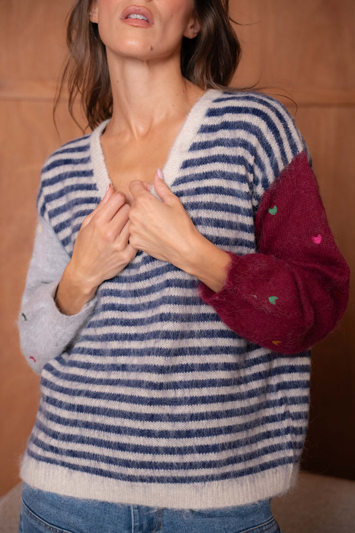 Pull Rayures Brodé Cœurs Funny - Marine / Taille unique: 36
