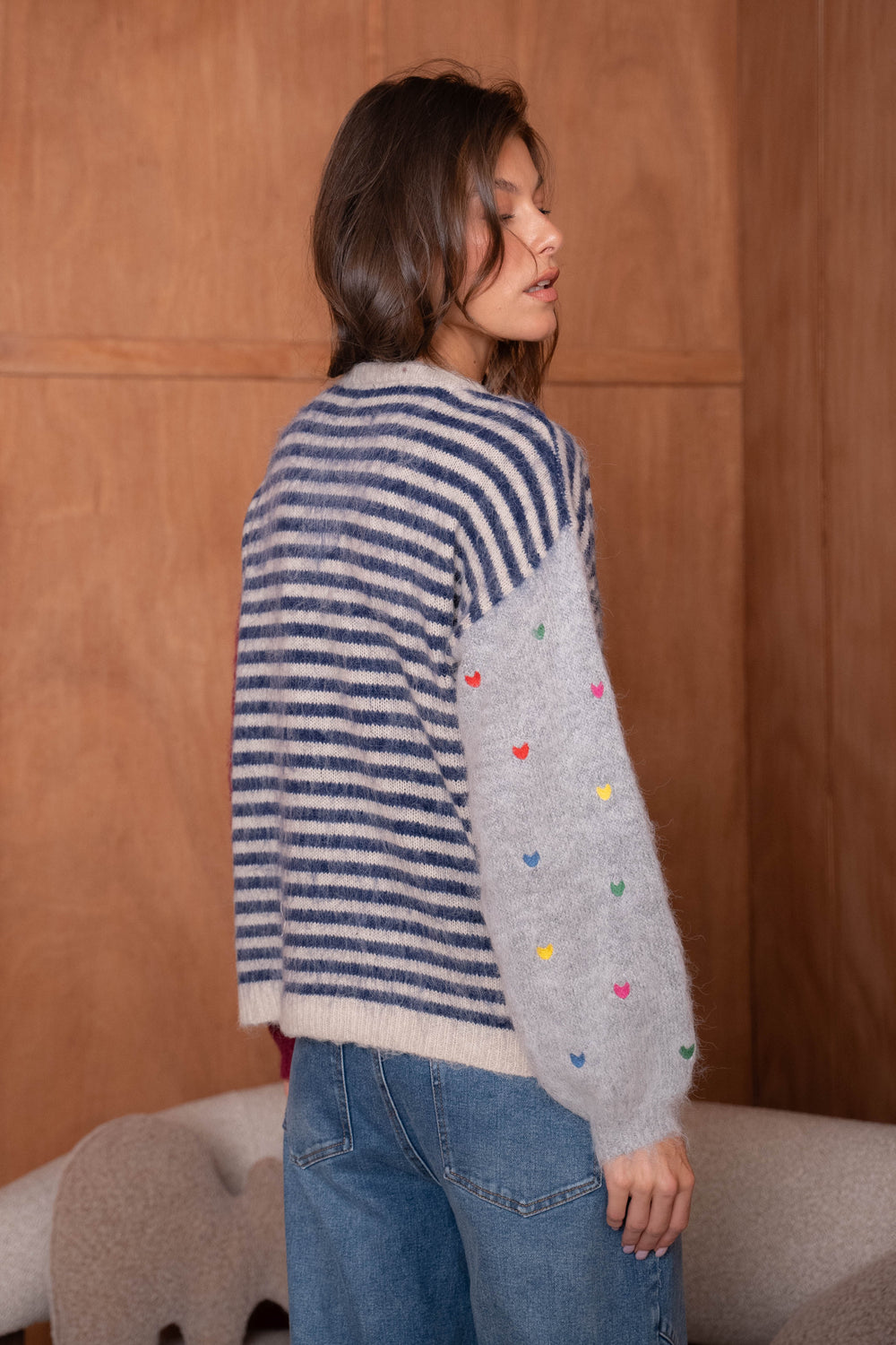 Pull Rayures Brodé Cœurs Funny - Marine / Taille unique: 36