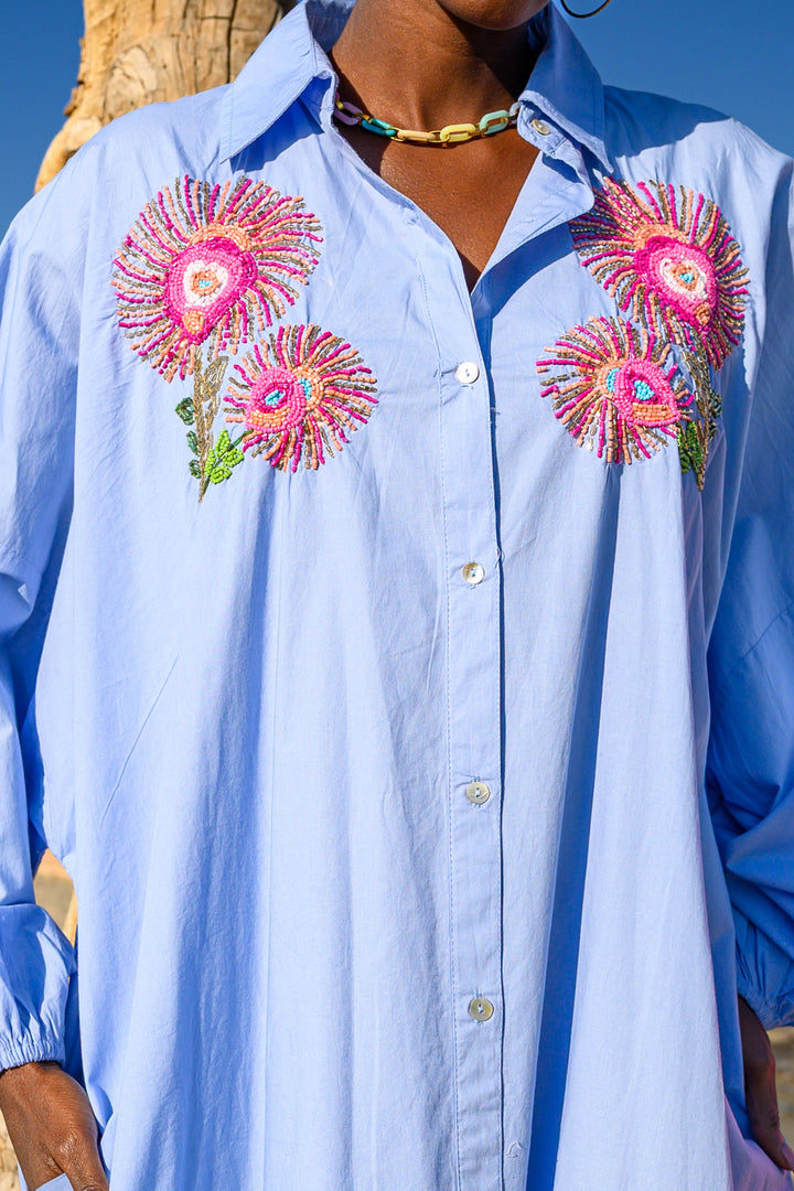 Robe Chemise Brodée Perlée Sweetina - Taille unique / Bleu