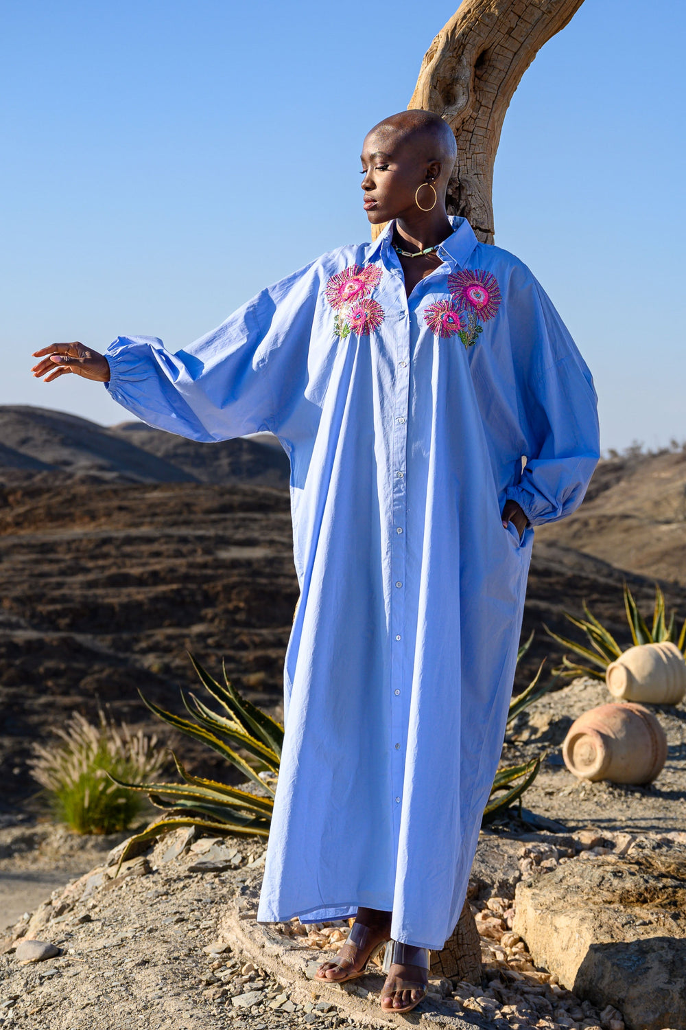 Robe Chemise Brodée Perlée Sweetina - Taille unique / Bleu