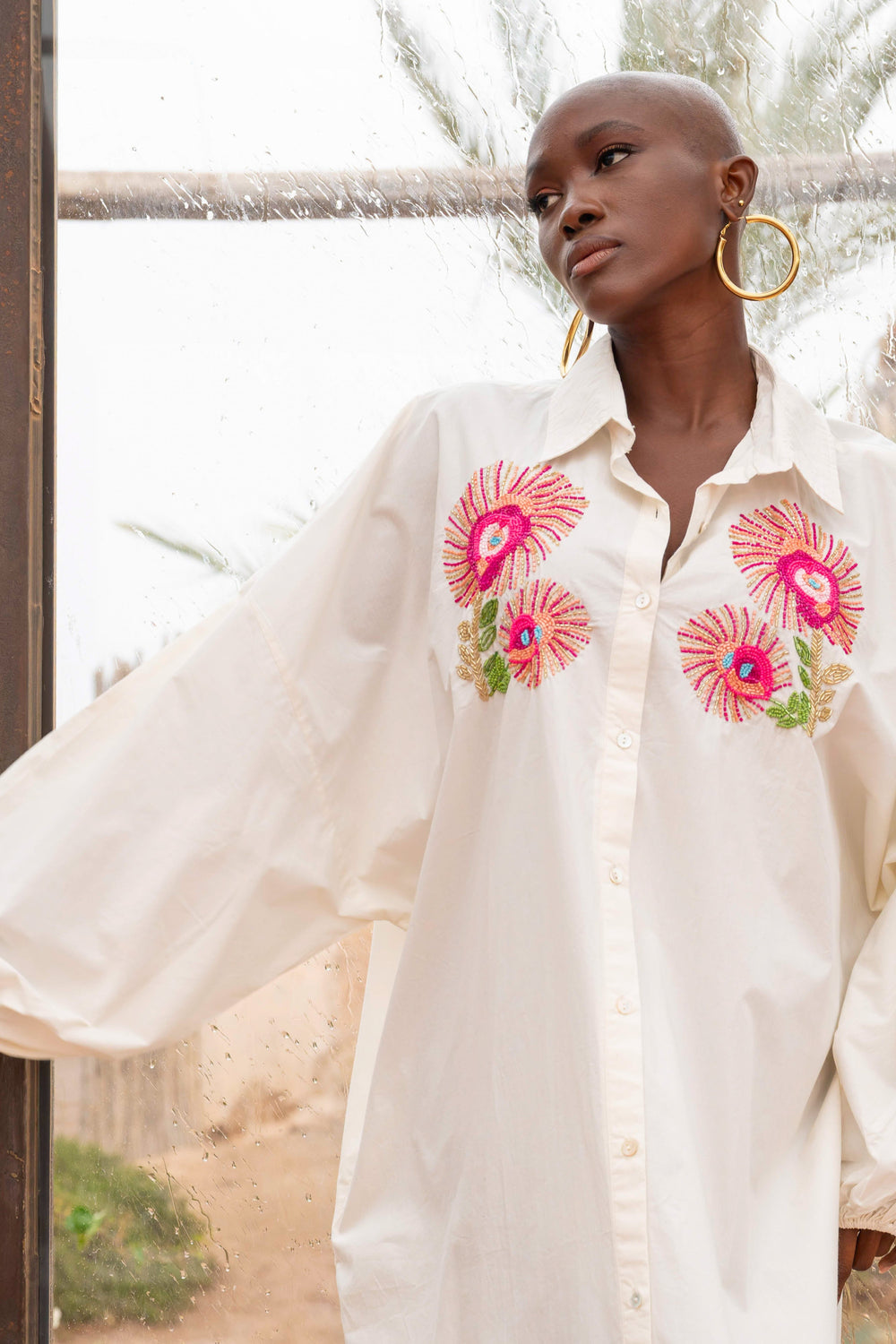 Robe Chemise Brodée Perlée Sweetina - Taille unique / Ecru