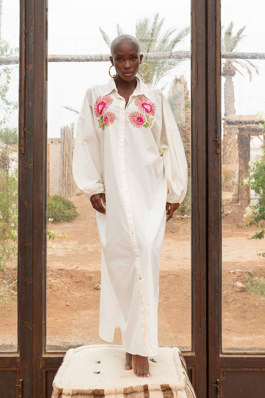 Robe Chemise Brodée Perlée Sweetina - Taille unique / Ecru