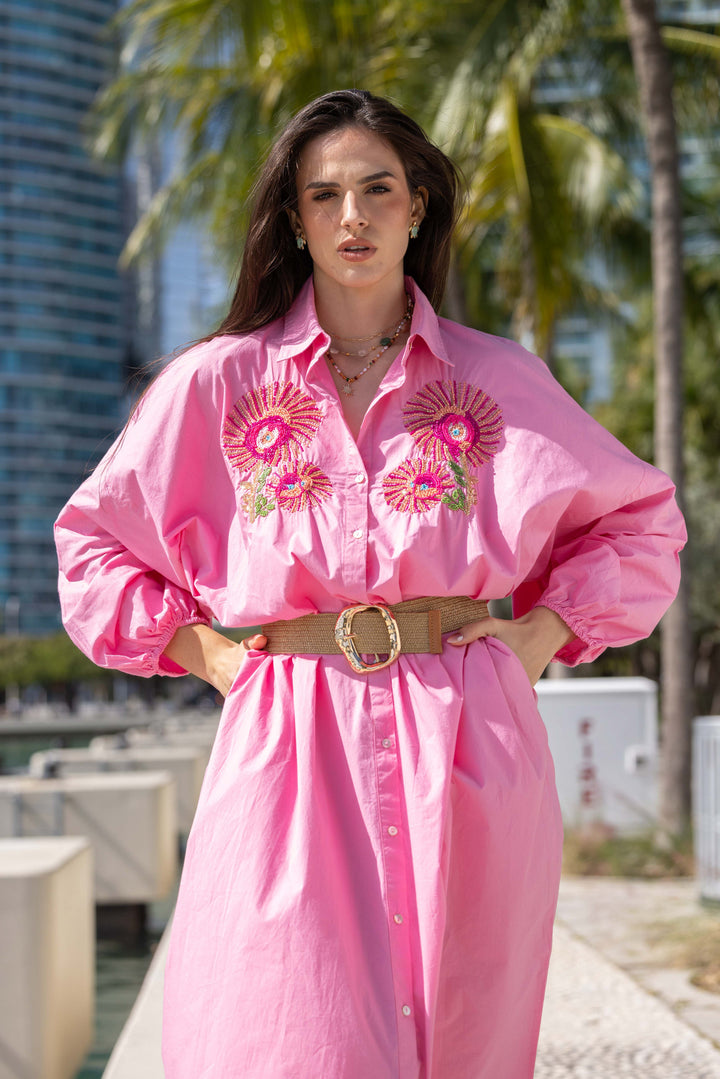 Robe Chemise Brodée Perlée Sweetina - Taille unique / Rose