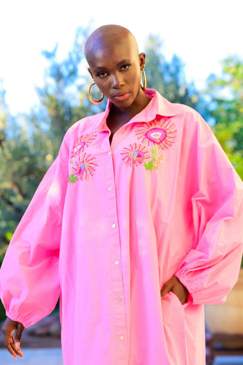 Robe Chemise Brodée Perlée Sweetina - Taille unique / Rose