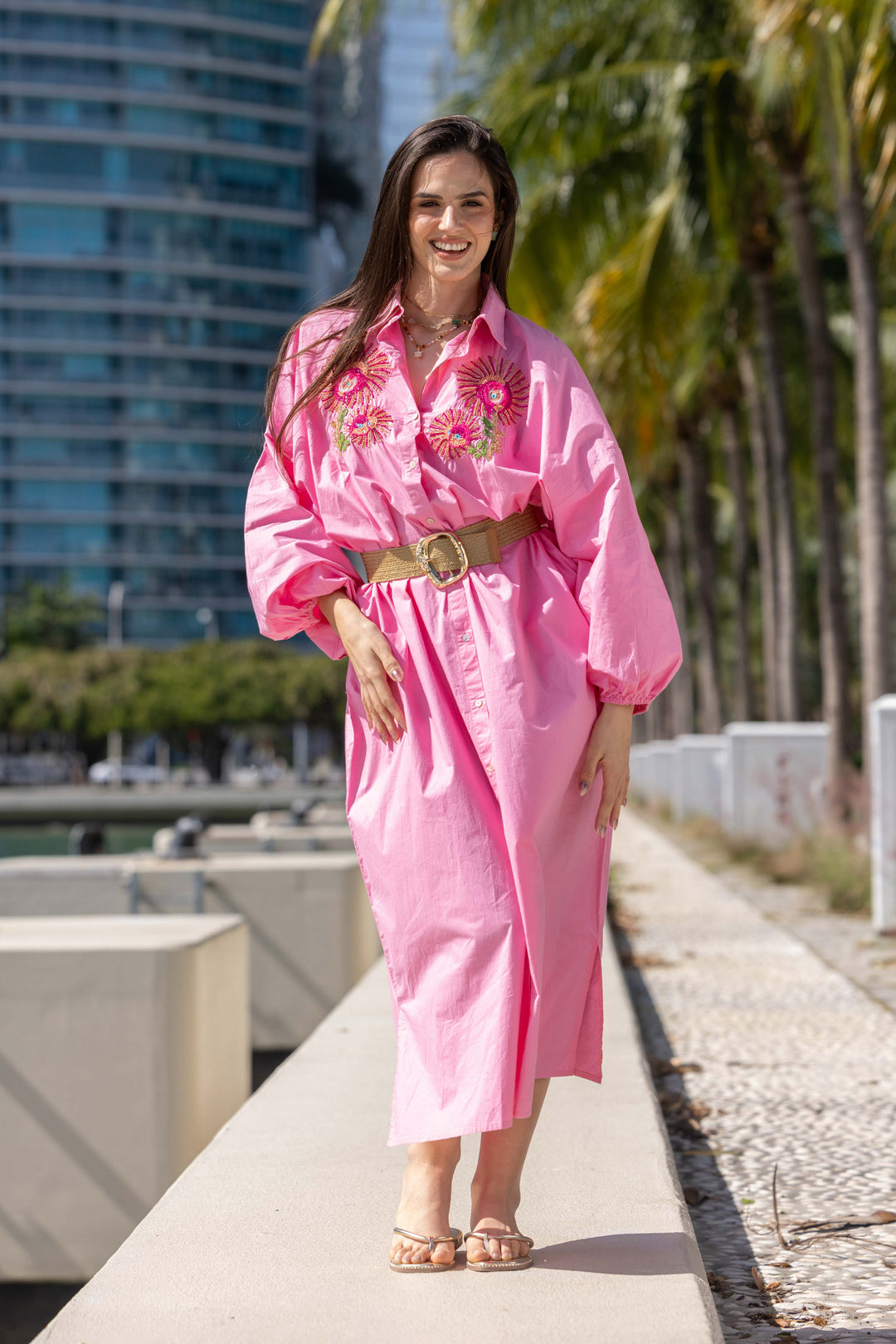 Robe Chemise Brodée Perlée Sweetina - Taille unique / Rose