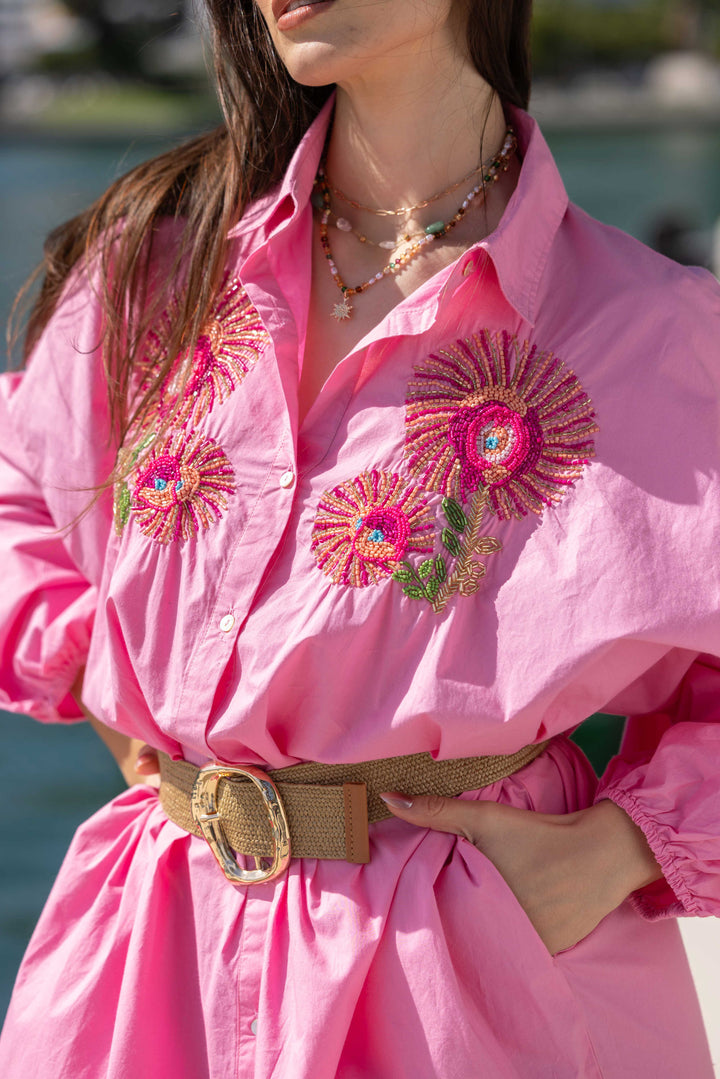 Robe Chemise Brodée Perlée Sweetina - Taille unique / Rose